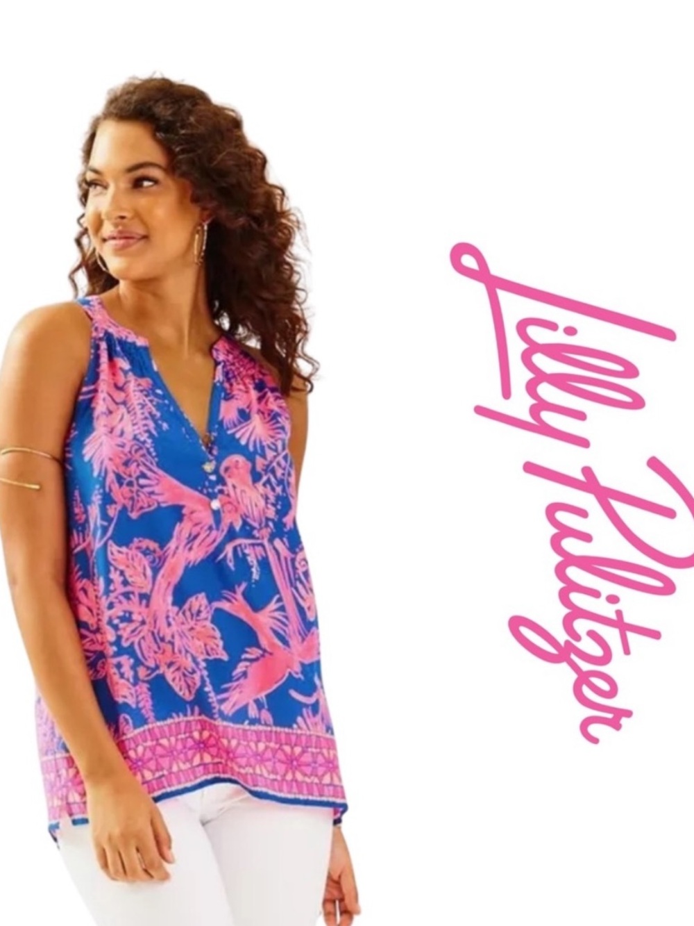 Lilly Pulitzer Bailey Top - Indigo Night Caw Print Blue/Pink Silk